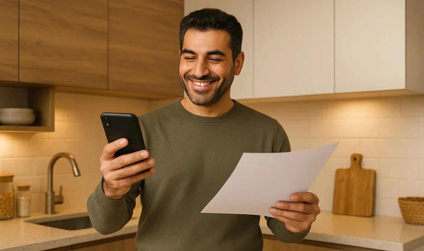 کابینت مدرن سفید و طرح چوب همراه با مشتری