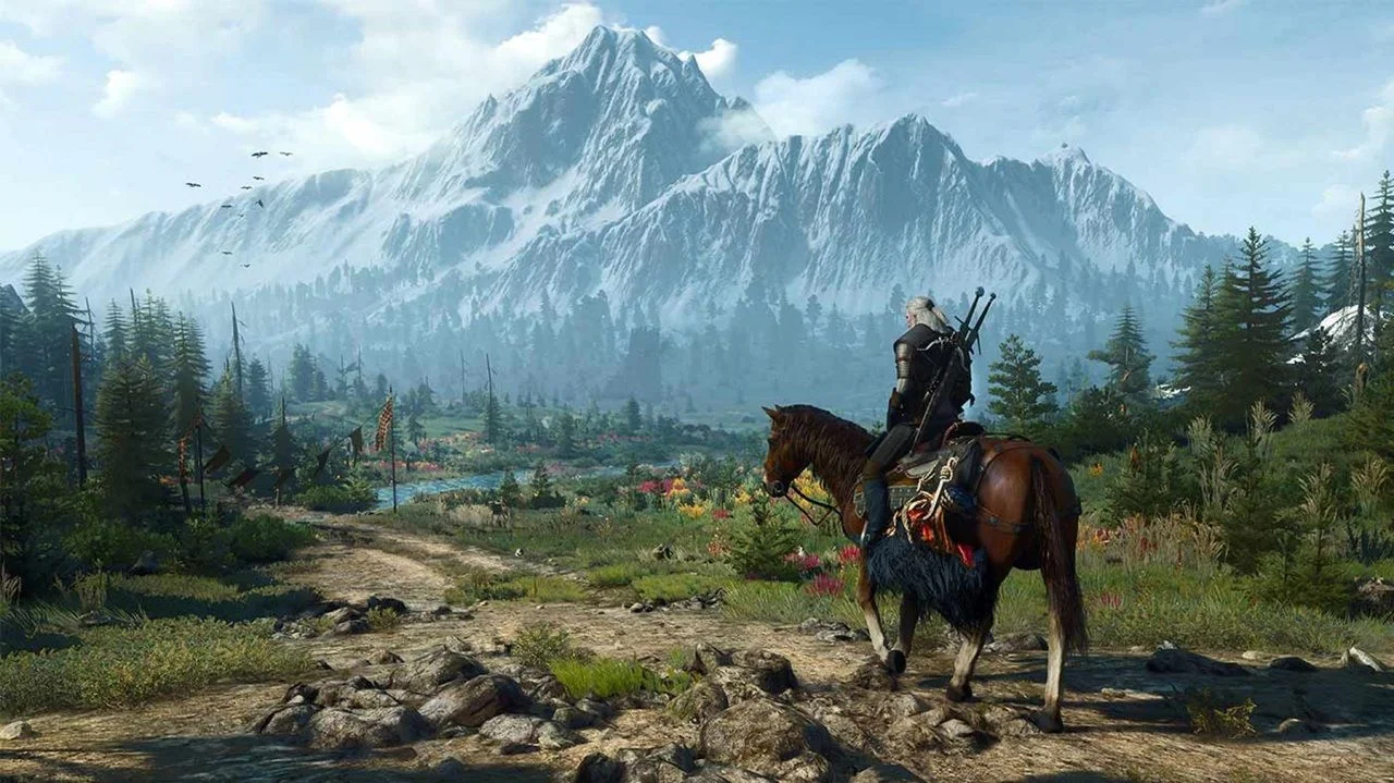 a Armored Rider on a Brown Horse Gazes at a Valley with Pine Trees and Snow capped Mountains in the Distance