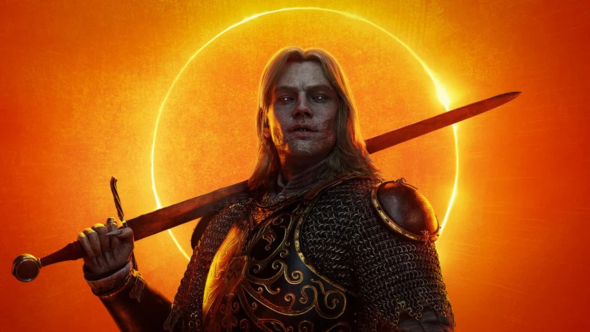 Armored Fantasy Warrior with a Long Sword Resting on His Shoulder Against a Glowing Orange Halo Background in Fiery Light