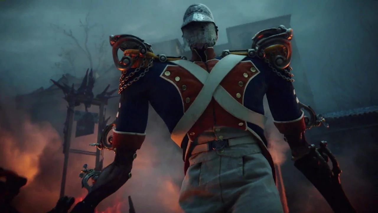 Armored Wartime Figure Seen from Behind Standing Amid Smoke and Flames on a Battlefield Wearing Red Blue and White Uniform with Ornate Shoulder Decorations and a Helmet
