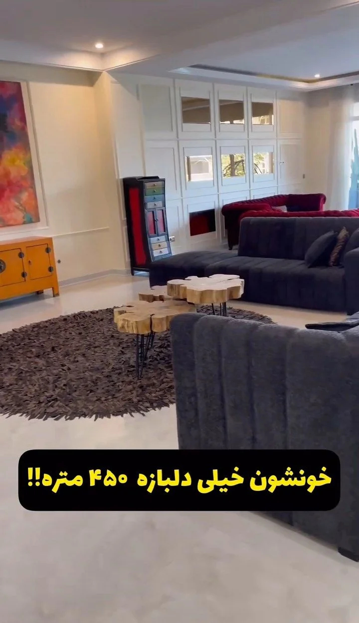 پنت هاوس ۴۵۰ متری شراره رخام در زعفرانیه؛ از مبلمان مدرن نارنجی و مشکی تا تابلو نقاشی میلیاردی و فرش های دستباف ابریشم