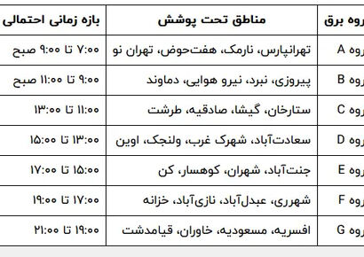 جدول قطعی برق تهران امروز چهارشنبه ۱۵ مرداد