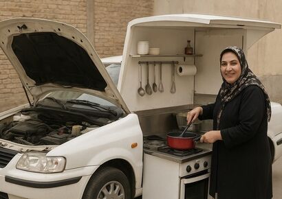 خلاقیت شاهکار خانم خوش ذوق سبزواری برای تبدیل خودرو ال 90 به آشپزخانه سیار حماسه ‌آفرید، به هیچی رحم نکرده / هنر نزد ایرانیان است و بس