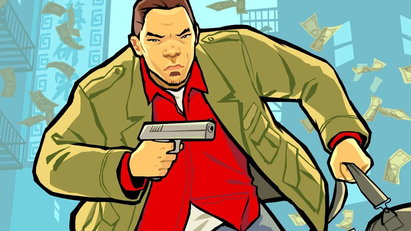 Stylized Cartoon of a Man in a Tan Jacket and Red Shirt Pointing a Pistol While Holding a Knife Money Flying Around in the Background